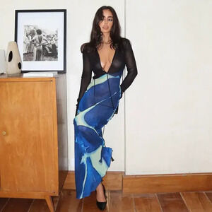 H&M Summer Fashion Sexy Mesh Sheer Print Patchwork Bodycon Dress